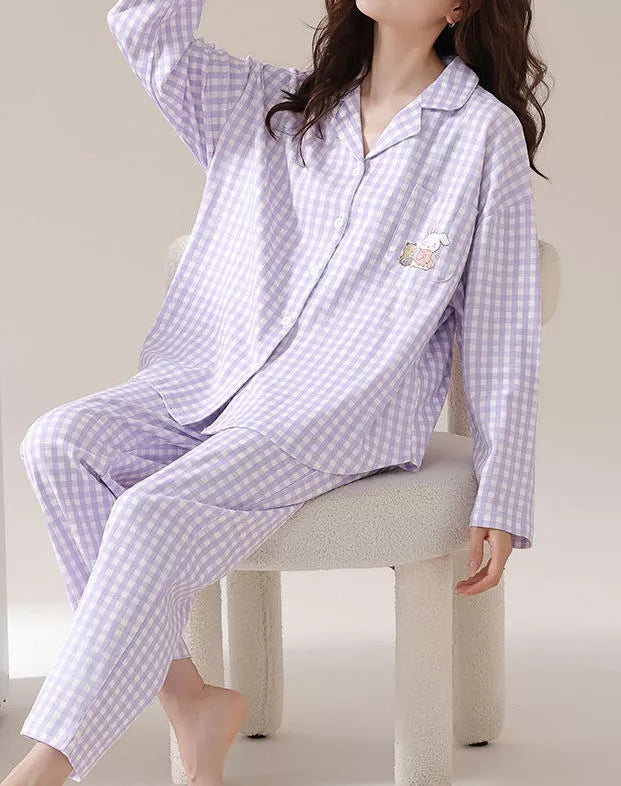 Cotton Women's Pajama Set 2 Pcs Long Sleeve Sleepwear Button Front Long PJ Pants