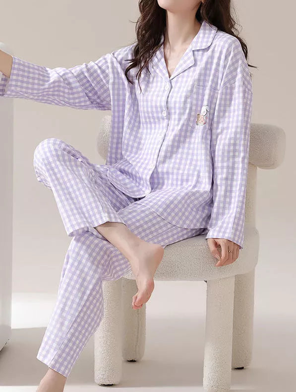 Cotton Women's Pajama Set 2 Pcs Long Sleeve Sleepwear Button Front Long PJ Pants